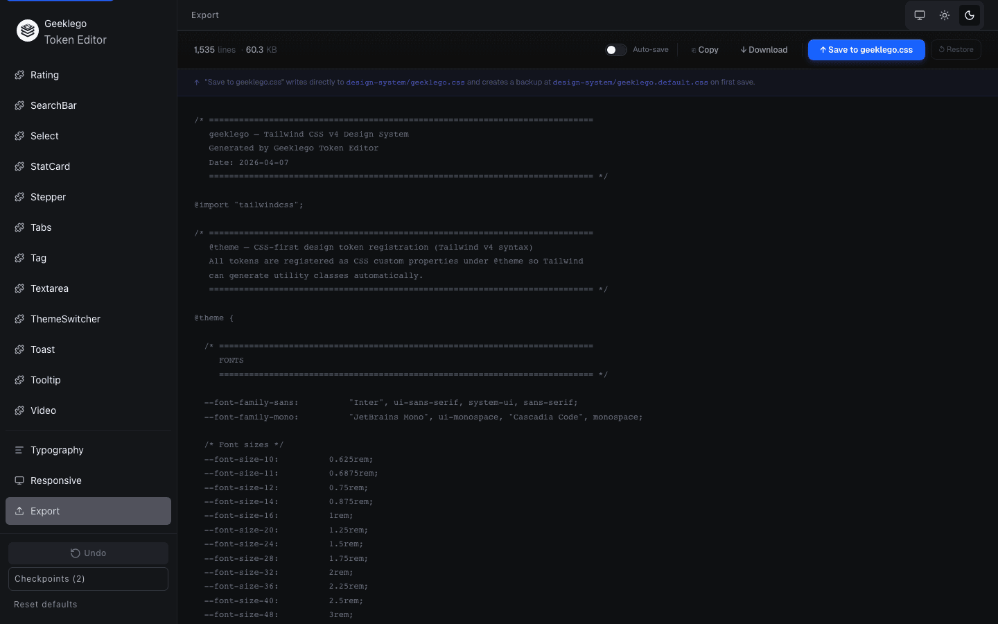 Export tab showing the generated CSS output with Save to geeklego.css button, Auto-save toggle, Copy, Download, and Restore controls