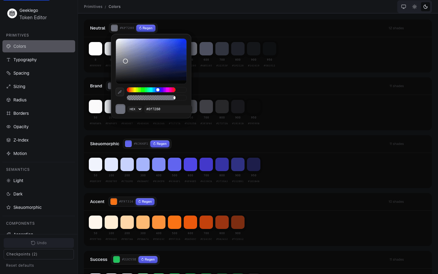 Editing a primitive color token — the OKLCH color picker is open above the Neutral color scale showing hue, chroma, and lightness controls