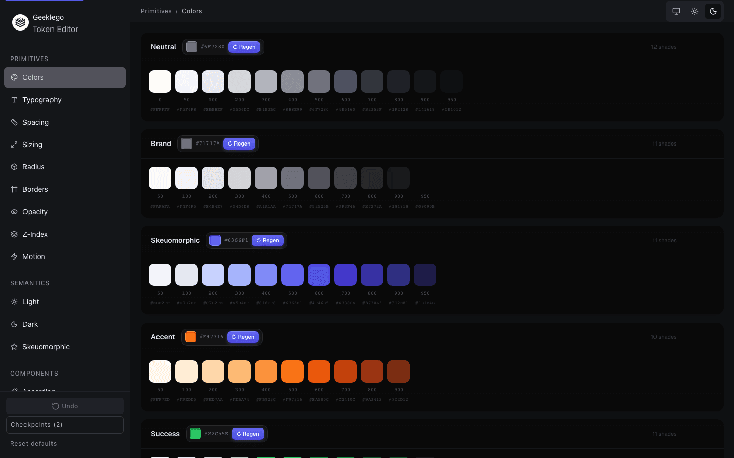 Token editor showing the Primitives › Colors tab with color scales for Neutral, Brand, Accent, and more