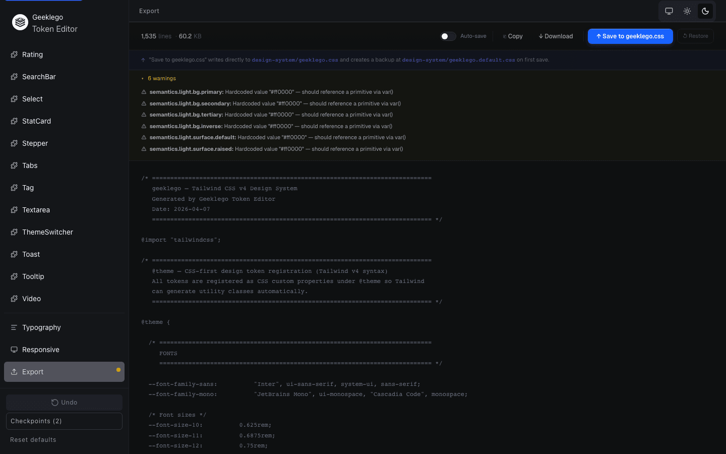 Export tab with the validation panel expanded showing a list of warnings about hardcoded hex values in semantic tokens